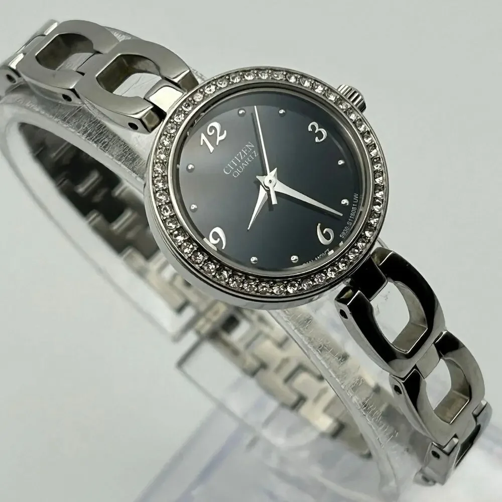 Citizen Silver Tone Black Dial Crystal Bezel Women’s Watch Working New Battery